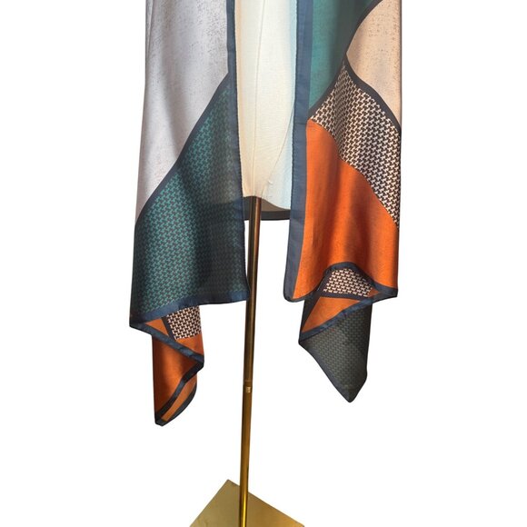 NEW Colorful Abstract Silky Fashion Scarf Burnt Orange Emerald Green & Beige - Picture 8 of 11
